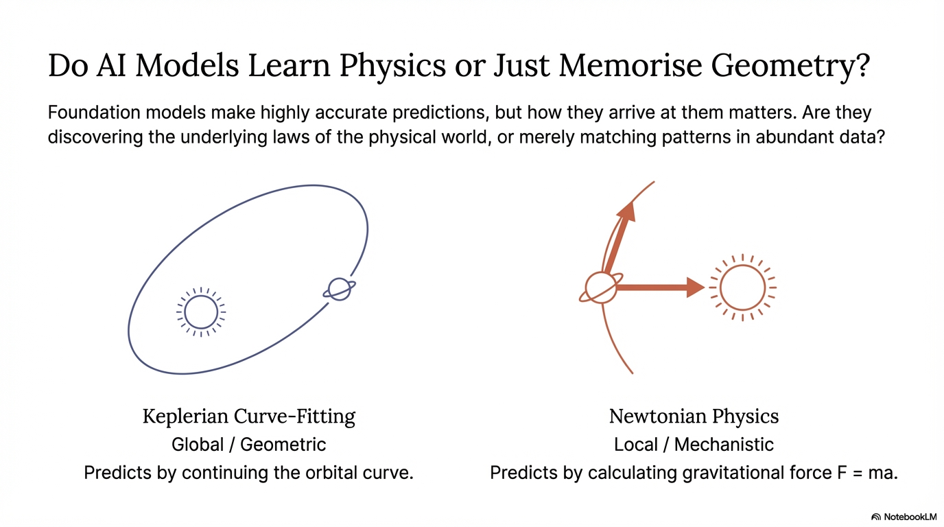 A slide contrasting Keplerian curve fitting with Newtonian mechanistic understanding in long-context orbital prediction.